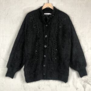VTG STILLMAN STUDIO Angora Jacket Sz M/L‎ Black Button Embellished Beads Lined